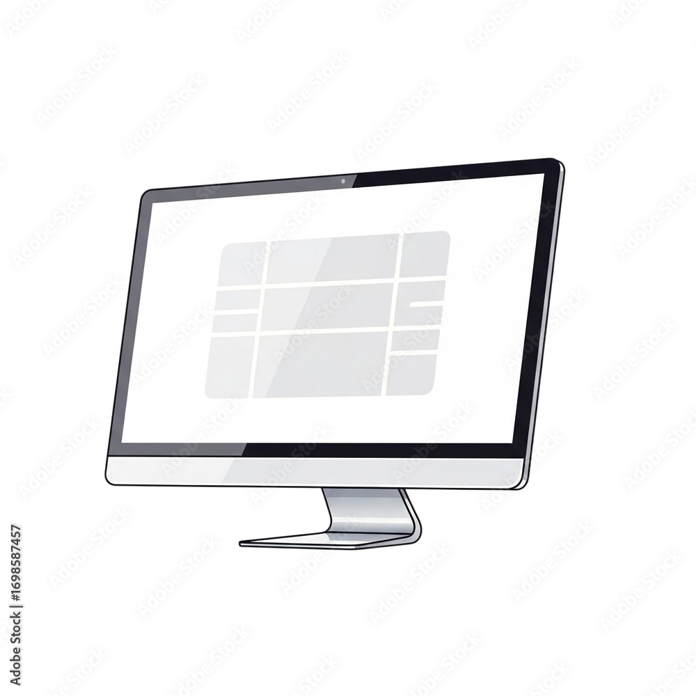 Wall mural illustration of a modern computer monitor displaying a grid layout on its screen, isolated on white 