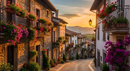 Fototapeta premium A picturesque cobblestone street lined with traditional stone buildings adorned with vibrant flowers under a warm sunset sky.