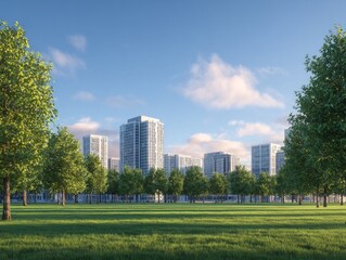 Obraz premium A park with a lot of trees and a city in the background