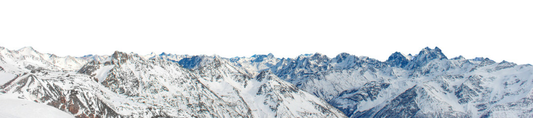 Mountains range with peaks in snow, winter mountains panorama in PNG isolated on transparent background