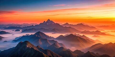 Majestic Mountain Range at Sunset, a Breathtaking Panorama of Peaks and Valleys Bathed in Golden Light
