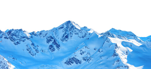 Mountains range with peaks in snow, winter mountains panorama in PNG isolated on transparent background