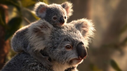 Fototapeta premium two koalas in a forest setting. the one on top is slightly larger than the other, both are gray with lighter fur on their bellies