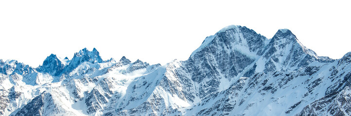 Mountains range with peaks in snow, winter mountains panorama in PNG isolated on transparent background