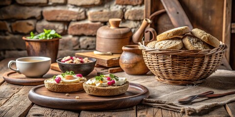 Rustic Breakfast Scene with Egg and Vegetable Toasts, Artisan Bread, and Herbal Tea