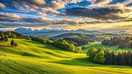 Serene Rolling Hills Landscape at Sunset with Majestic Mountain Range in the Background