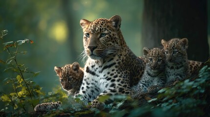 Naklejka premium an adult leopard and two cubs in a forest environment. they are close to one another, with the mother leopard prominently situated on the left side of the frame, looking towards the viewer
