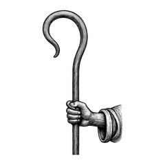 Shepherd's staff in hand.