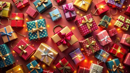 A Festive Collection of Wrapped Gifts with Golden Ribbons and Lights on a Rich Red Background