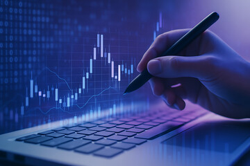 Financial technology with trader hand using digital pen over laptop showing market candlestick chart and analytics