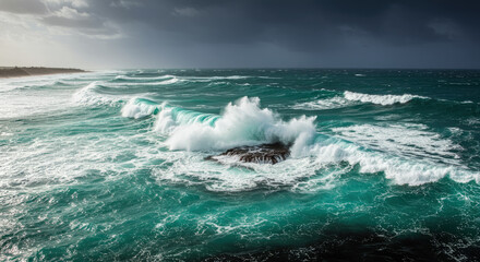Fototapeta premium Rough ocean waves crashing rocky shore