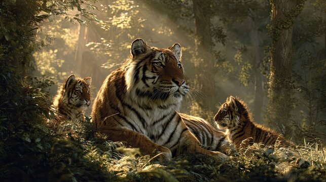 a tranquil scene of three tigers resting in a forest clearing. a larger tiger, possibly a mother, is lying down with her cubs close by, suggesting a sense of familial bond and protection