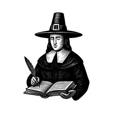 A Puritan deeply studying the Holy Scripture by candlelight, reflecting devotion and faith