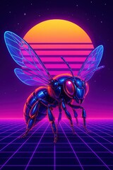 Naklejka premium synthwave bee with retro sunset