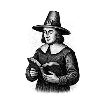 A Puritan deeply studying the Holy Scripture by candlelight, reflecting devotion and faith