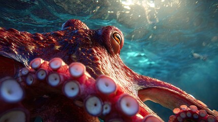 an octopus with prominent red markings swimming underwater amidst a blue expanse
