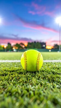 Close-up of softball on field at dusk