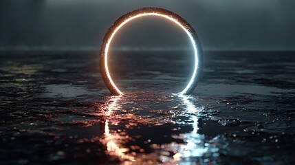A glowing neon ring reflecting on a wet surface, creating a futuristic and abstract scene.