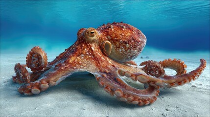 an octopus in its natural oceanic environment, lying on the seabed with its tentacles splayed out