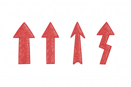 Red hand-drawn arrows pointing upward, symbolizing growth, positioned on transparent surface