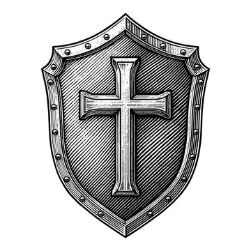 A shield with a Christian cross, symbolizing faith in Jesus Christ