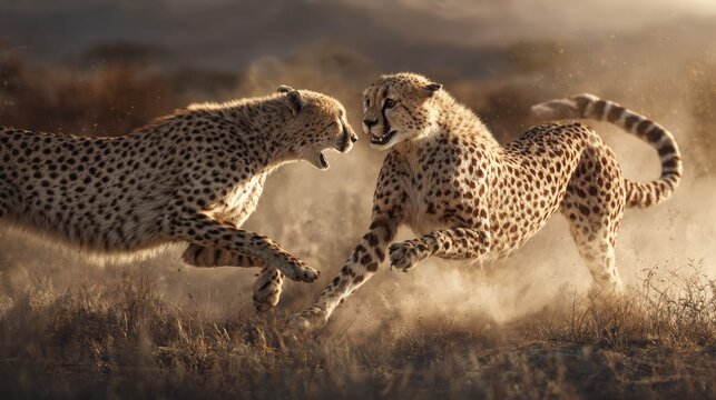 a dynamic moment in the wild between two cheetahs