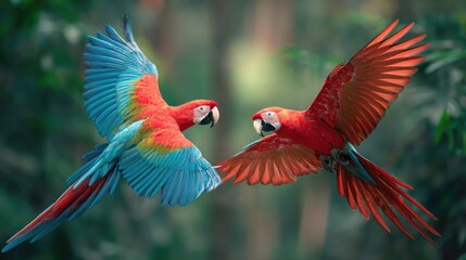 Two Parrots Mid Flight Within