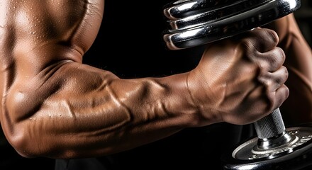 Close-up of a muscular man's arm holding a shiny dumbbell, showcasing impressive strength and definition.