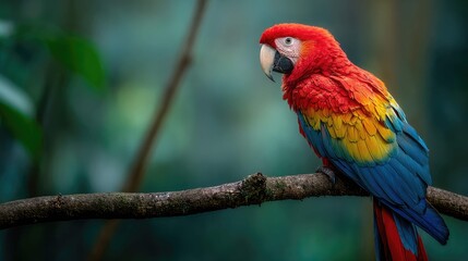 a vibrant parrot perched on a branch in a lush green forest. the parrot is characterized by its bright feathers with a mix of red, blue, and yellow hues
