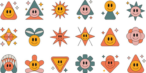 Collection of groovy retro style smiley face icons isolated on white background 
