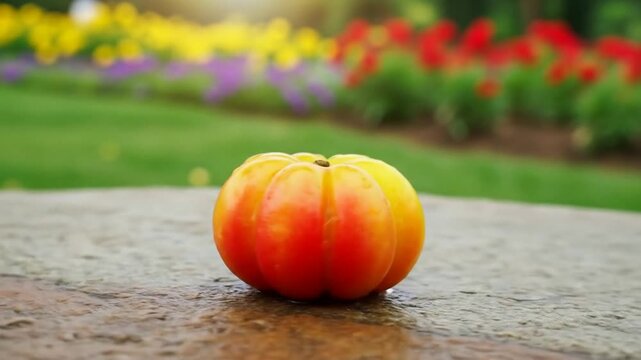 A single ripe acerola cherry with red and yellow hues sits on a wet stone surface, with a vibrant blurred garden of colorful flowers and green grass in the background.