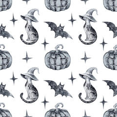 Seamless background halloween watercolor black cats in witch hats bats stars funny pumpkins on white hand drawn