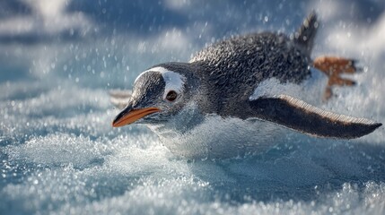 a penguin in motion, swimming through icy waters with a backdrop of an icy landscape, possibly near an iceberg. it appears to be mid motion, as suggested by the blurred water around it