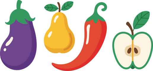 An icon of a set of fresh, ripe, and healthy red and green chili peppers and other organic vegetables on a white background