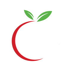 Red curved line with two green leaves on white background abstract circle