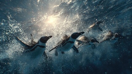 Obraz premium a group of penguins swimming together in an underwater setting, their silhouettes contrasting with the light source above them