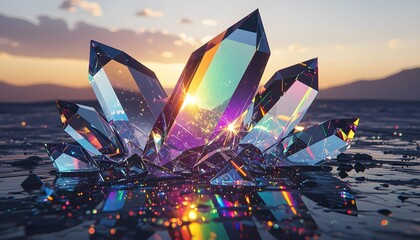 Abstract Crystal Shapes With Rainbow Light Refractions