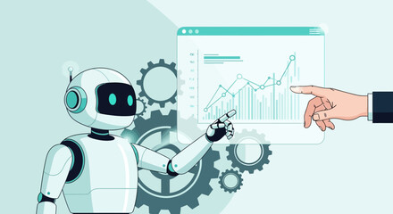 A robot pointing at a rising graph on a screen, with a human hand also indicating the data, surrounded by gears.