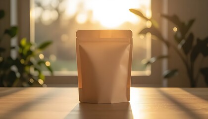 Kraft Paper Pouch Mockup on Wooden Table With Sunrise Light