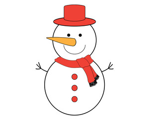 Snowman with red hat and scarf. Isolated on transparent background. Icon of flat style. Symbol single for design. Vector illustration in png format. Element for winter season decoration.