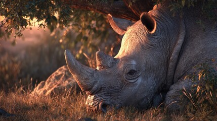 a serene outdoor scene featuring an adult white rhino resting in a grassy field with trees in the background. the rhino appears relaxed and is the central focus of the image