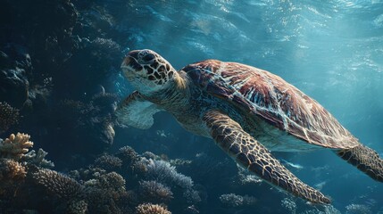 Obraz premium a turtle swimming in a vibrant underwater environment filled with colorful coral reefs