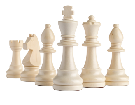 Close-Up of White King and Queen Chess Pieces with Shallow Depth of Field, Minimalist Look, Isolated