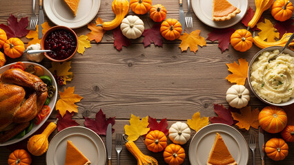 Bountiful Thanksgiving Feast Border with Roasted Turkey and Pie on a Rustic Wood Table