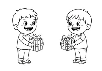 Kids Exchanging Gifts Coloring Page – Children Sharing Presents Illustration
