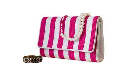 Pink and White Striped Clutch Bag with Pearls and Bracelet