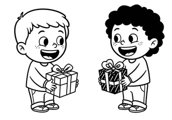 Kids Exchanging Gifts Coloring Page – Children Sharing Presents Illustration