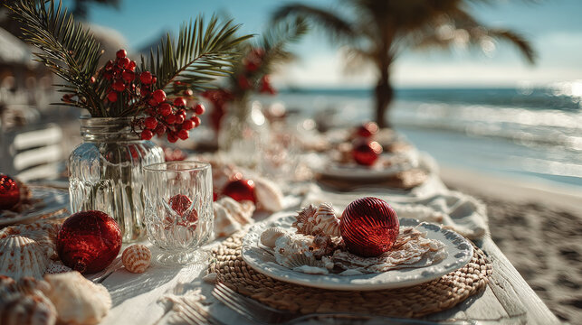 Festive beach setting featuring red ornaments, seashells, palm fronds surrounding wine glasses on pristine white sand near turquoise waters, signaling tropical holiday celebration