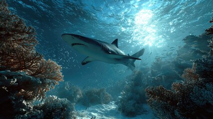 Obraz premium an underwater scene with a shark swimming near coral. the environment has clear visibility of the marine life, with sunlight filtering through the water's surface and casting shadows on the bottom