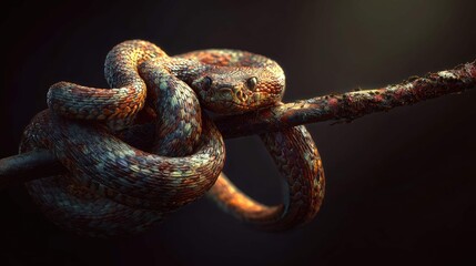 an intricately designed serpentine creature that resembles a snake with its body forming a chain like coil. the creature's scales are adorned with digital looking patterns and it has a glossy sheen